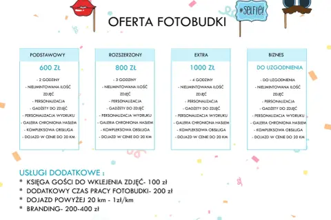 Cennik fotobudki: pakiet podstawowy 600 zł, rozszerzony 800 zł, extra 1000 zł. Dowiedz się, ile kosztuje fotobudka na Twoje wydarzenie.
