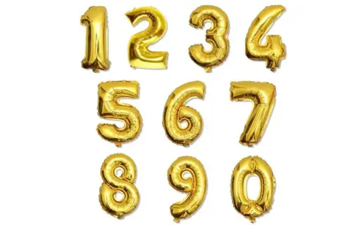 Złote balony z cyframi od 0 do 9. Zastanawiasz się, ile kosztuje balon z liczbą 7 na urodziny?